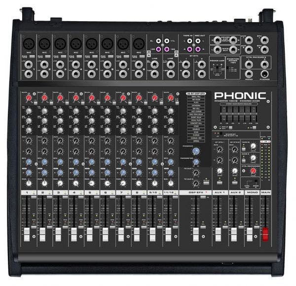 Hire 800 watt 12 Channel Powered mixer, 2 boxes (12" woofer) on stands & 3 mics - Drive Pack 2, in Busby, NSW