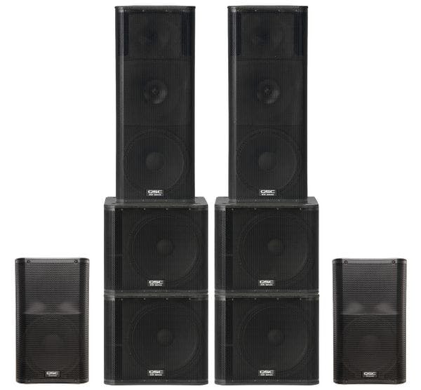 Hire 2 x QSC KW153 1000W 15" 3-way PA Speakers, 2 x QSC K12 1000W 12" Speakers and 4 x QSC KW181 1000W 18" Subwoofers (500 People), in Tempe, NSW