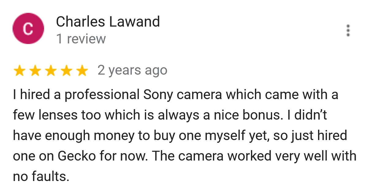 An image of a review of a camera rented on Gecko.