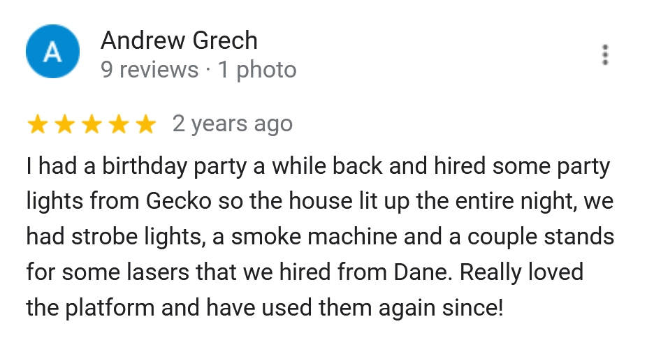 A review left for party lights hired on Gecko.