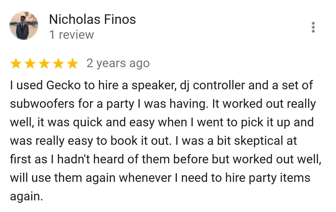 An image of a review for someone who rented a party package with Gecko.